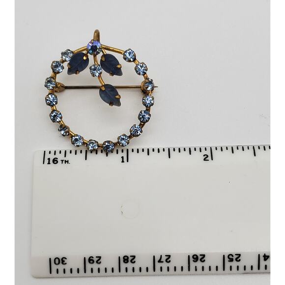 Vintage Blue Rhinestone Circle Brooch & Pendant Frosted Glass Leaves MCM 1960s - Picture 5 of 10